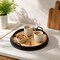 Round Wooden Serving Tray with Sunburst Inlay – 23.5" Decorative Tray with Black Rim & Handles
